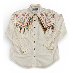 Vintage 1992 Southwestern Cowboy White Embroidered Fringe Shirt Women's Sz M